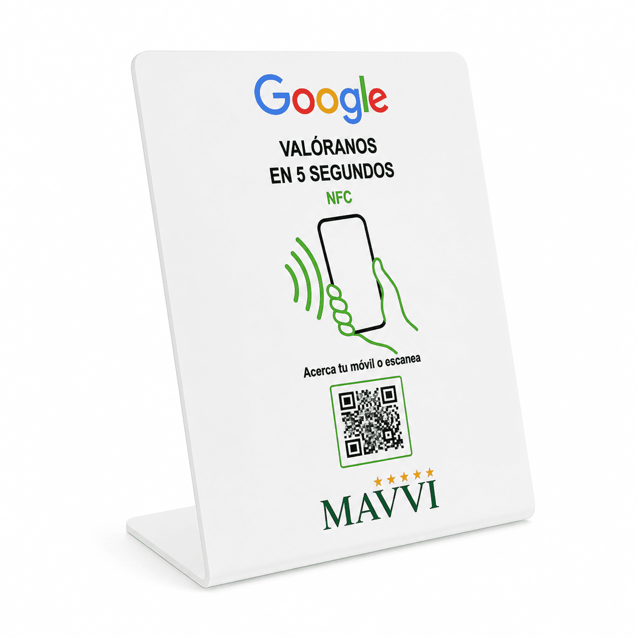 Expositor NFC Mavvi blanco para reseñas de Google