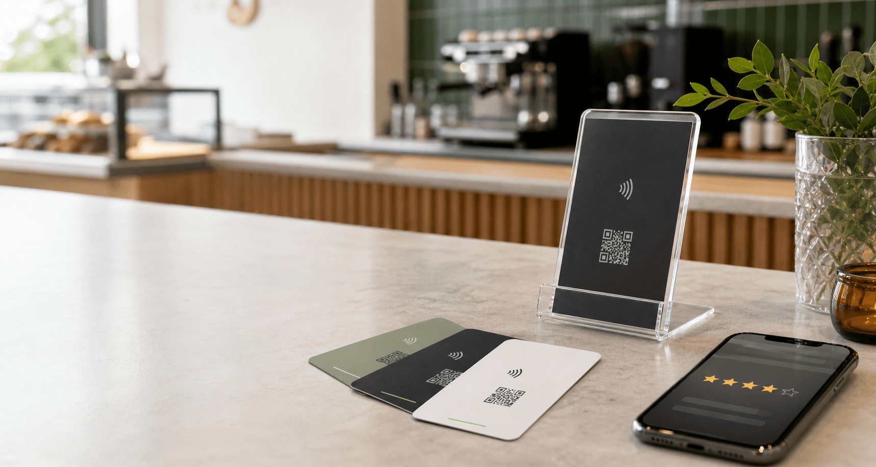 Tarjetas NFC y expositor QR para resenas en un comercio