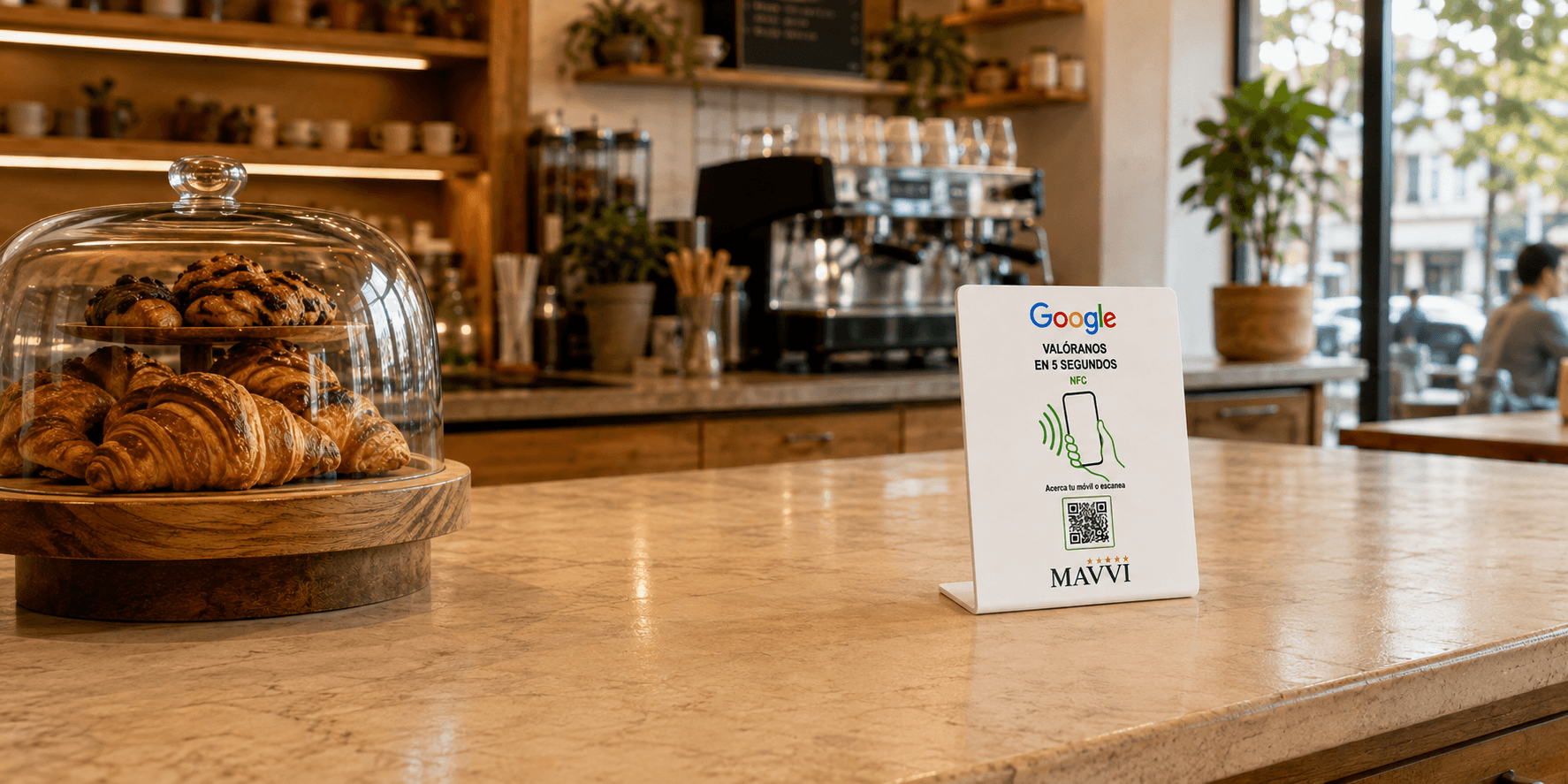 Expositor blanco Mavvi en el mostrador de una cafetería